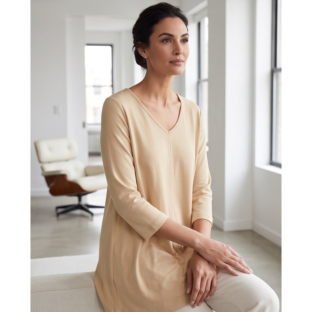 Chico's 3 Pima Cotton V-Neck Swing Top Beige Tan XL Capsule Wardrobe NWT